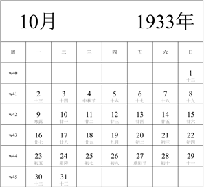 日历表1933年